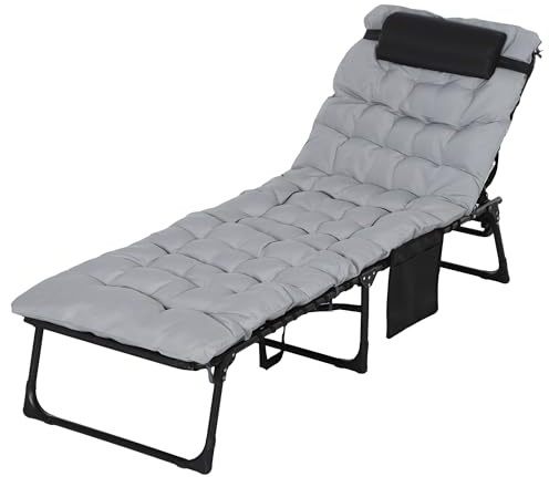 Outsunny Lettino Prendisole Pieghevole con Schienale Regolabile, Sdraio da Giardino Portatile con Cuscino, Poggiatesta, Tasca Portaoggetti Laterale e Maniglie, 58x189x32.5 cm, Grigio Chiaro