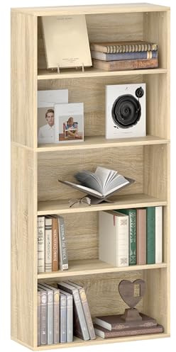 HOMCOM Bibliothèque étagère de Rangement avec 5 Compartiments et étagère réglable, Meuble de Rangement pour Bureau, Salon, Chambre, 60 x 24 x 133,5 cm, Effet Bois Naturel