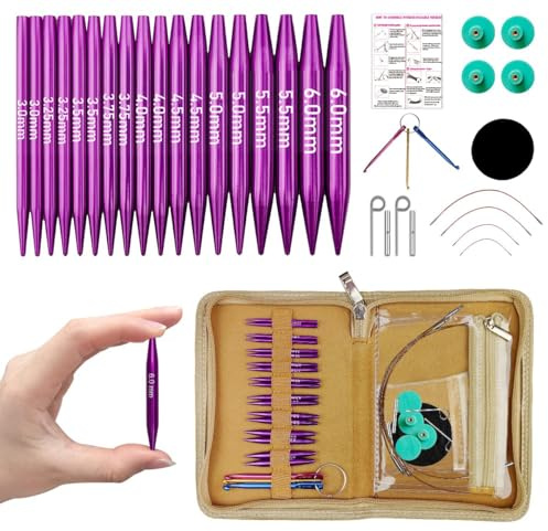 Knitss Kit d'Aiguilles Circulaires Interchangeables 9 Paires d'Aiguilles Courtes de 5 cm de 3,0 à 6,0 mm avec 4 Câbles Aiguilles Courtes Pour Chaussettes ou Manches