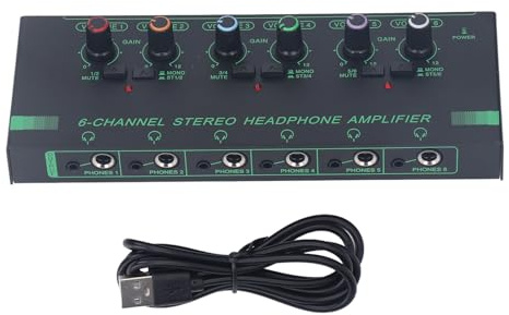 Pilipane Amplificador de auriculares estéreo de 6 canales, divisor de señal con 12 tomas de salida para creación de música, rendimiento en vivo, aleación de aluminio