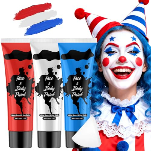 Schminke Karneval Rot Weiß Blau, Professionelle Rot Weiß Blau Körperfarbe Theaterschminke für Fasching 2026, hochpigmentierte Gesichtsfarbe mit Schwamm für Erwachsene, Halloween Make Up & Bodypaint