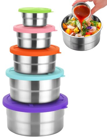 Generico Contenitore per Alimenti in Acciaio Inossidabile - Set Da 5 Con Coperchi | Scodelle Circolari Impilabili Per Spuntini Cucina Pranzo Al Sacco Insalata Casa Scuola Ufficio Viaggio