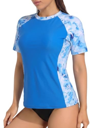 Charmo Women's Rash Guard UPF 50+ Sun Protection Short Sleeve Floral Lightweight Quick Dry Tops Blue M