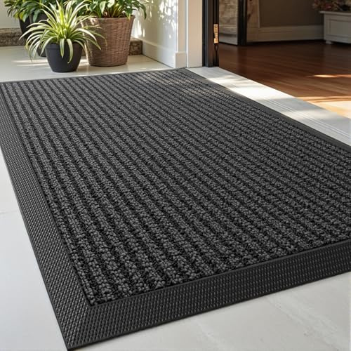 DEXI Felpudo Entrada Casa 60 x 90 cm, Felpudos Antideslizante y Atrapar Suciedad, Fácil de Limpiar, Alfombra Atrapapolvo Exterior e Interior para Puerta, Jardín, Gris Rayado