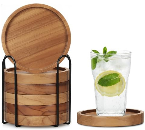 Histarzeda Acacia Wooden Coasters Set of 6, with Metal Holder, 1.5 cm Thick Drink Coasters with Unique Grain, Heat-Resistant and Water-Repellent, Ideal for Home Décor (6 Pcs)