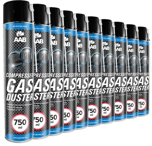 AAB Druckluft-Reiniger 10 x 750ml, Reinigungspray, Druckluft aus der Dose, Für die Reinigung von Multimedia- und Bürogeräte, Tastatur, PC, Keyboard, Computergehäuse, Air Duster, Luftdruckspray