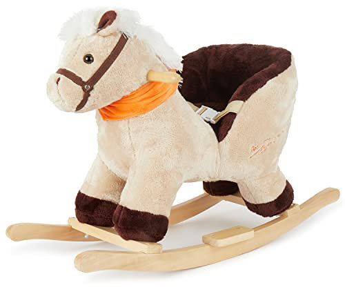 Bieco 74000422 Peluche à bascule Cheval avec armature, ceinture de sécurité et dossier, balançoire en peluche, 9 m+, marron - Version Allemande