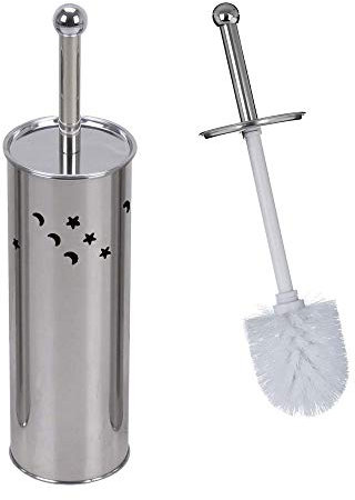 Vetrineinrete® Portascopino a Cilindro da Terra con scopino da Bagno in Acciaio Cromato con Coperchio spazzolone per WC Toilette Argento (Stelle e Luna) D41