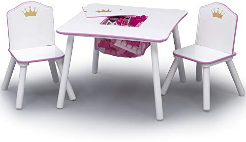 Delta Children Princess Crown Kids Wood Table and Chair Set with Storage - Greenguard Gold Certified, White/Pink