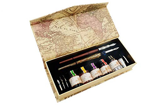 GC QUILL Set Plumas de Caligrafía,1 Plumas de Madera y 1Plumas Cristal con 5 Plumines Adicionales y Tinta, Titular de la Pluma para Arte, Escritura, Firma, Decoración, Regalo GC-LL19