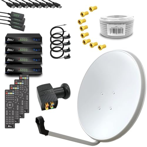 ARLI Impianto satellitare digitale HD, 60 cm, colore bianco/grigio chiaro, set completo per 4 partecipanti, con 4 ricevitori DVB-S2 + Quad LNB + cavo coassiale da 100 m + 8 X spina F parabola