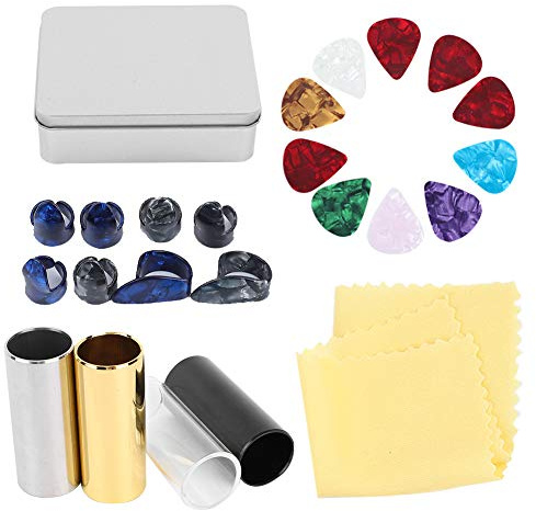 Guitar Accessories Kit,10 Celluloid Pick 3 Metal Slider Glass Slide 4 Guitar Slider 8 Finger Cot with Iron Box Performance Accessory