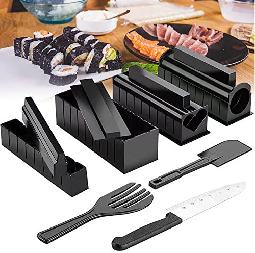 Kit de Fabrication de sushis Maison,11Pcs Moules à Sushi Cuisine Bricolage Ensemble doutils à Sushi avec 8 Moule,Fourchette à Riz et Spatule Couteau,pour Sushi DIY Aussi Comme Cadeau,Facile à Nettoyer
