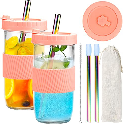 IYInJuan Uppsättning av 2 dricksglas med stänksäkert lock och sugrör, återanvändbara konserveringsburkar dryckesbägare bubble temugg mason burk glas för drycker smoothie mugg cocktailglas kopp, 730 ml