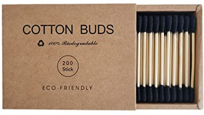 tinysiry 200 cotons-tiges à double tête, cotons-tiges pour le maquillage, boîte en papier kraft, bois, plastique, cotons-tiges pour le nettoyage des oreilles Noir