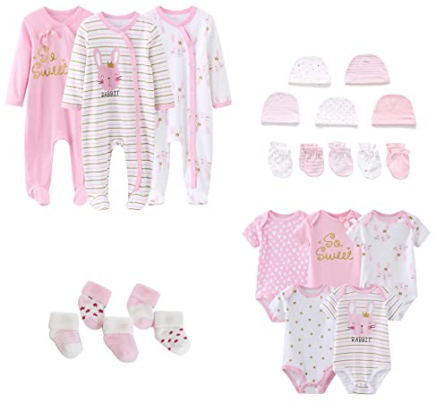 MAMIMAKA Nyfödd babykläder set 23-delar, 5-pack bodysuit+3PJS och tillbehör för 0-6 månader, Rosa-1, 0-3 Months