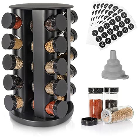 Black Countertop Rotating Spice Rack, Round Empty 20-Jars Revolving Spice Rack Organizer, 135 Spice Labels with Funnel Complete Set, for Kitchen Countertop, Cabinet