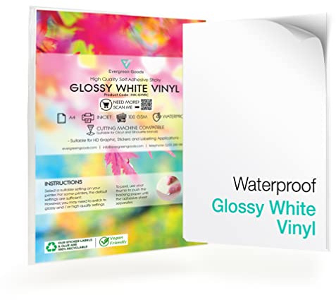 A4 White Glossy Printable Self-Adhesive Sticker Vinyl | 100 Sheets | Inkjet Printer Compatible | Sticky Back | Customisable Labels