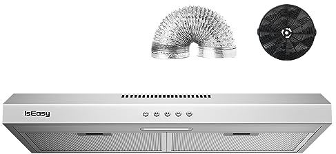 Range Hood 30 Inch, IsEasy Under Cabinet Range Hood, Ducted/Ductless Convertible, Kitchen Vent Hood 30 Inch with 3-Speed Exhaust Fan, Stainless Steel, LED Light and Reusable Charcoal Filter
