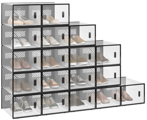 WOLTU Schuhbox stapelbar, 18er Set, Schuhkarton mit magnetischer Tür, Kunststoffbox für Schuhaufbewahrung, Faltbarer Schuhorganizer, 35x19x25 cm, transparent schwarz