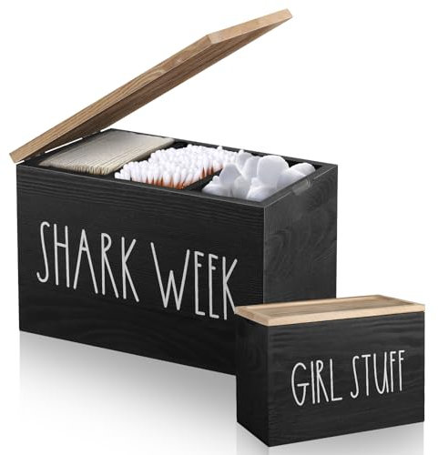 MISTOD Tamponhalter für Badezimmer, Pad- und Tampon-Organizer mit Tablett-Deckel, Holz, feminines Produkt, Hai-Woche, Tampon-Aufbewahrung, Badezimmer-Zubehör, kleine Aufbewahrungsbox – Schwarz