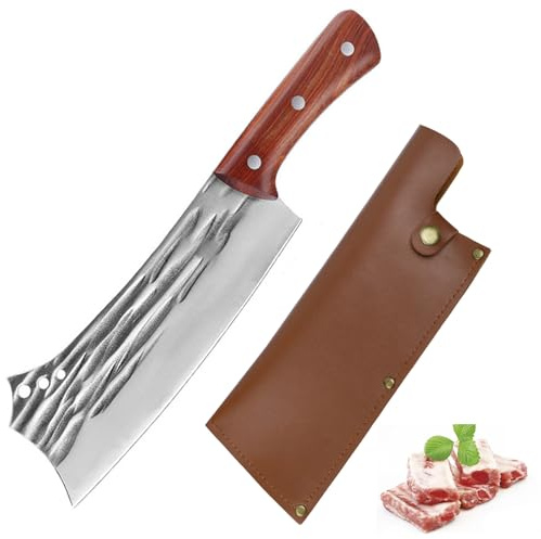 Fubinaty Couteau de cuisine japonaise Couteau de cuisine forgé à la main en acier à haute teneur en carbone pour la coupe d'os avec étui en cuir pour la maison, le restaurant, le camping