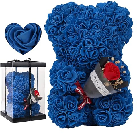 Amesor Oso De Rosas - Oso De Flores Artificiales Oso De Rosas con Caja Oso De Peluche De Rosas Regalos para Mujer Regalos para Cumpleaños/San Valentín/Bodas/Día La Madre/Aniversarios, (24x16 CM)