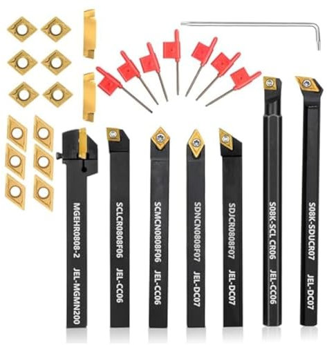 HiCOZZIE Herramienta de torneado de 5/16, vástago de 8 mm, 7 piezas de soporte para herramientas giratorias para roscar con 14 piezas de metal duro