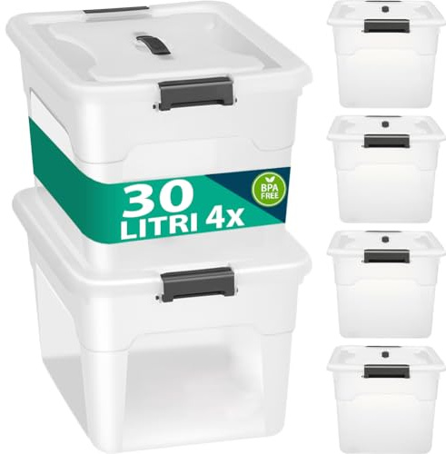 BAKAJI Set 4 Contenitori con Coperchio per Vesiti in Plastica, Portaoggetti Impilabile per Stoccaggio Vestiti, Scatole per armadio, Giocattoli, Libri, Salvaspazio (4 x 30 Lt Alto)
