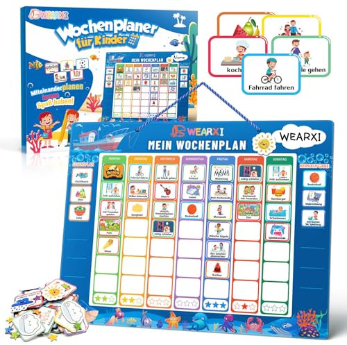 WEARXI Wochenplaner Kinder - Montessori Magnettafel Kinder inkl. 304 Magnete, Kordel, Stift & Aufbewahrungstasche, Belohnungstafel Kinder, Einschulung Junge mädchen, Montessori Spielzeug ab 3 Jahre