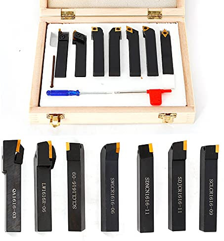 WindWilder Lot de 7 burins de tournage avec tige de 16 mm en carbure de tungstène, porte-outils rotatifs avec mallette portable, accessoires pour tours et tours, noir (7 pièces, 16 mm)