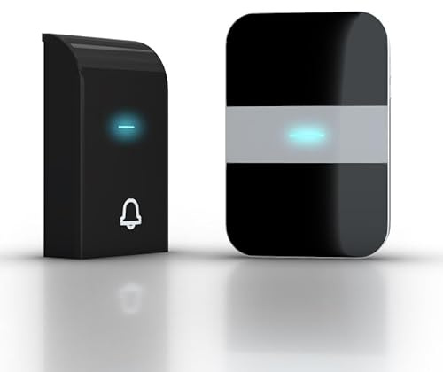 Timbre inalámbrico, color blanco y negro, con corriente continua, ideal para notificar visitas y mejorar la seguridad del hogar.