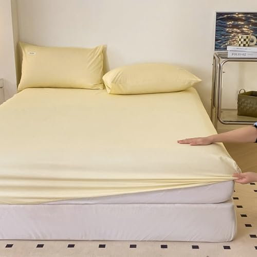 AMDXD Betttuch mit 1er Kissenbezüge 90x200cm Set Deko, Spannbettlaken Wasserbett Einfarbig Gelb Matratzenschutz, Baumwolle Laken für Bett für Boxspringbett & Wasserbett