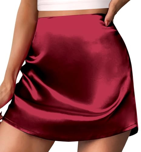 2025 Minifalda de mujer línea A de cintura alta con cremallera cinta de raso falda forrada faldas elegantes hasta la rodilla, rojo, L