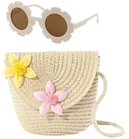 AWAVM Set di borse a tracolla per ragazze, graziosa borsetta per bambini con occhiali da sole a fiori, borsa intrecciata regolabile per bambini (rosa/beige, 12 x 14 cm), Fiore, 59*28*10cm
