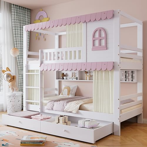 TOBIDOEN Letto a castello per bambini, 90 x 200 cm, con design a tenda, 2 cassetti grandi e scomparti multipli nel letto, lettino con rete anticaduta e rete a doghe, pino+MDF, bianco+rosa