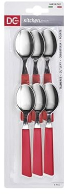 DC CASA Set Cucchiaino Acciaio 13.8x3 cm 6 Pezzi – Manico Colorato in Polipropilene – Posate da Caffè o Dessert – Made in Italy (Rosso)
