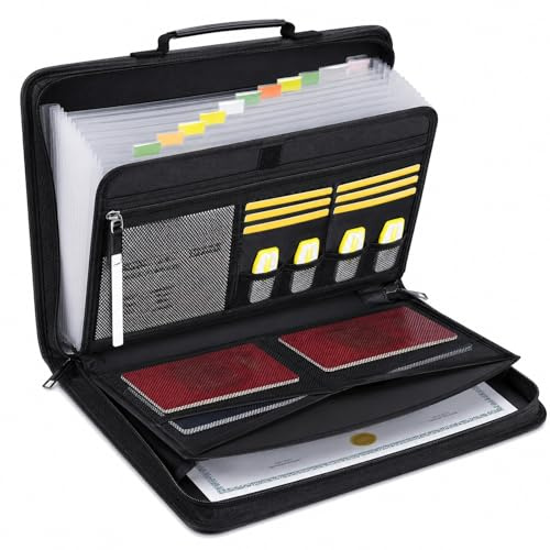 GOOGO Fireproof Document Organiser, A4 Expanding File Folder with Zipper, Card Slots, Pen Holder and Handles, Portable Waterproof Document Bag for Home, Office, School and Travel