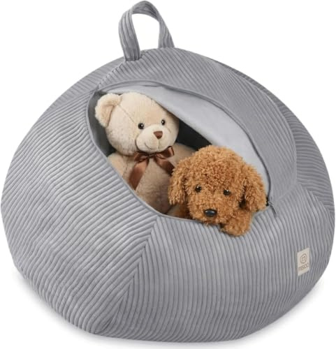 MISIOO Funda para puf infantil para animales de peluche, almacenamiento de juguetes y bolsa de frijoles en uno, tela de pana lavable, con cremallera, organizador de peluches para habitación infantil