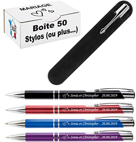 LOT de Stylos personnalisés pour un Mariage – Stylo à bille gravé avec le prénom des Mariés et la Date du Mariage. Un cadeau personnalisé pas cher pour les invités - gravure avec cœurs