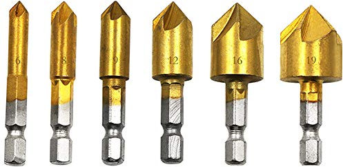 6Pcs Countersink Drill Bits,90 Degree Chamfering Drill Bit 1/4 Hex Shank Wood Drilling Bits 5 Flute HSS Titanium Coated Center Countersink Bits for Wood Quick Change Bit,6mm-19mm