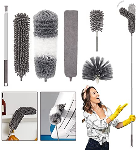 jiuzcare Plumero Telescópico 5 Piezas, Plumero de Limpieza de Microfibra y Chenilla, Atrapapolvo Extensible hasta 252 cm con 4 Cabezales para Techo, Telarañas, Ventiladores, Lámparas y Muebles Altos