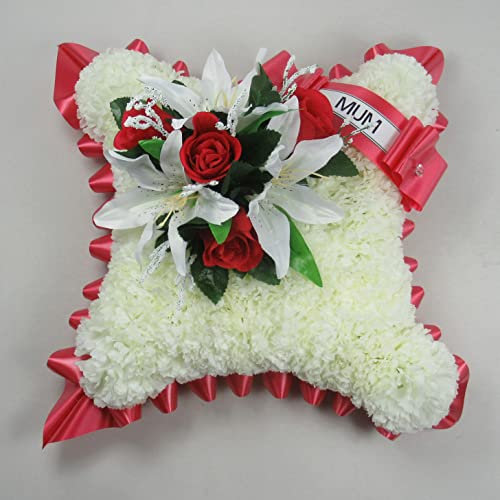 Customisable Artificial Flowers Wreath for Funeral or Grave - 13 Cushion Shaped Tribute with Roses and White Lilies