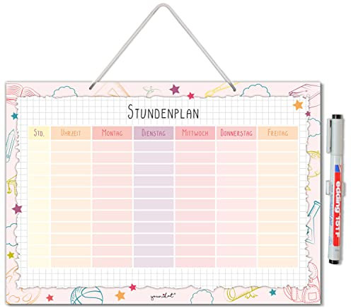 Stundenplan in rosa I DIN A4 Hartschaum-Platte (21 x 29,7 cm) I mit kariertem Hintergrund und Doodle-Motiv für Jungs und Mädchen I dv1220