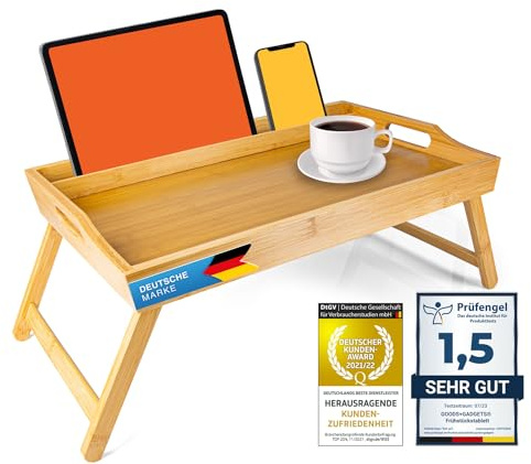 GOODS+GADGETS® Bambu Frukostbricka med Vikbara Ben – 50x30 cm | Serveringsbricka & laptopbord i ett – hopfällbar till 6 cm, låsbara ben, upphöjd kant