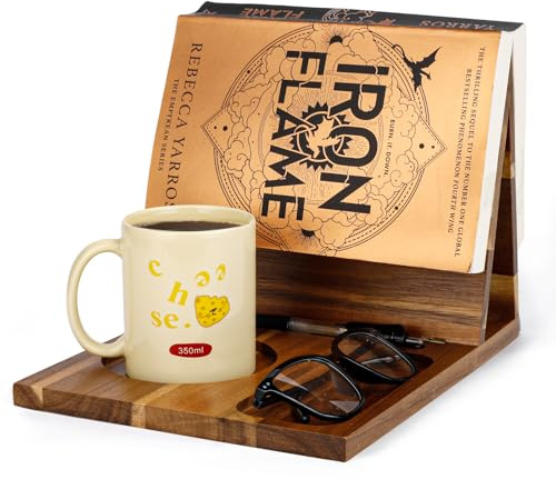 3HQ Supporto per libri in legno per appoggiare le pagine, unico servizio di lettura con tazza, occhiali e portapenne, idee regalo per gli amanti dei libri