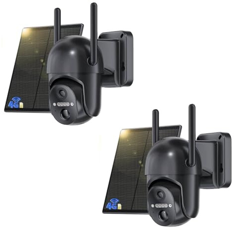 NUASI 4G Telecamera Esterno con SIM【2 Pezzi】, 2K HD 360° PTZ Telecamere Senza Fili con Pannello Solare, Visione Notturna Colori, Rilevamento Movimento, Audio Bidirezionale, IP66