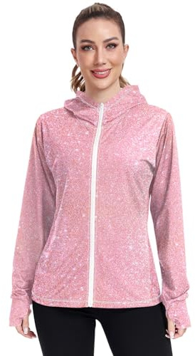 RPLIFE Veste de protection UV dégradée arc-en-ciel pastel UPF 50+, chemise rafraîchissante à manches longues pour femme, veste zippée, Rose pailleté, Small