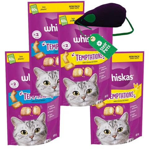 Cat Treats Bundle: 4 x 60g Whiskas Temptations Cat Treats (2 x Chicken and Cheese, 2 x Salmon Flavour) Bundle with Stelr Pets Catnip Toy Mouse