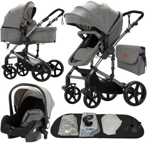 Nine point nine Barnvagnspaket 3-i-1, set med vändbar liggdel, sittdel och babyskydd, dubbelt skjutläge, duovagn med stor och bekväm liggvagn, stomme av aluminiumlegering (588 grå)